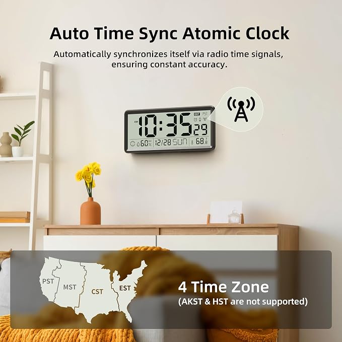 EASYERA 15'' Large Digital Wall Clock Battery Operated, Atomic Clock - Image 3