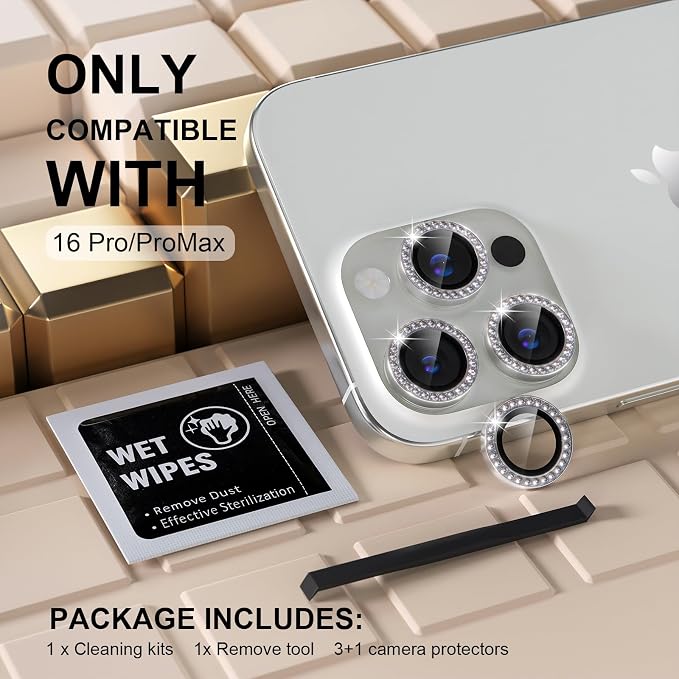 Misea Compatible for iPhone 16 Pro/iPhone 16 Pro Max Camera Lens Protector Bling - Image 2