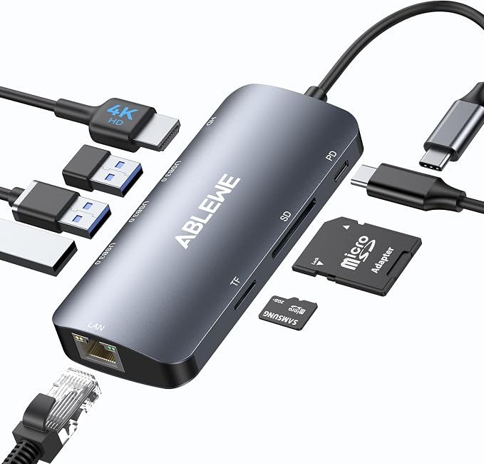 ABLEWE USB C Hub Ethernet, 8 in 1 4K@60Hz USBC Adapter, 100W PD, 3 USB 3.0 Ports by ABLEWE