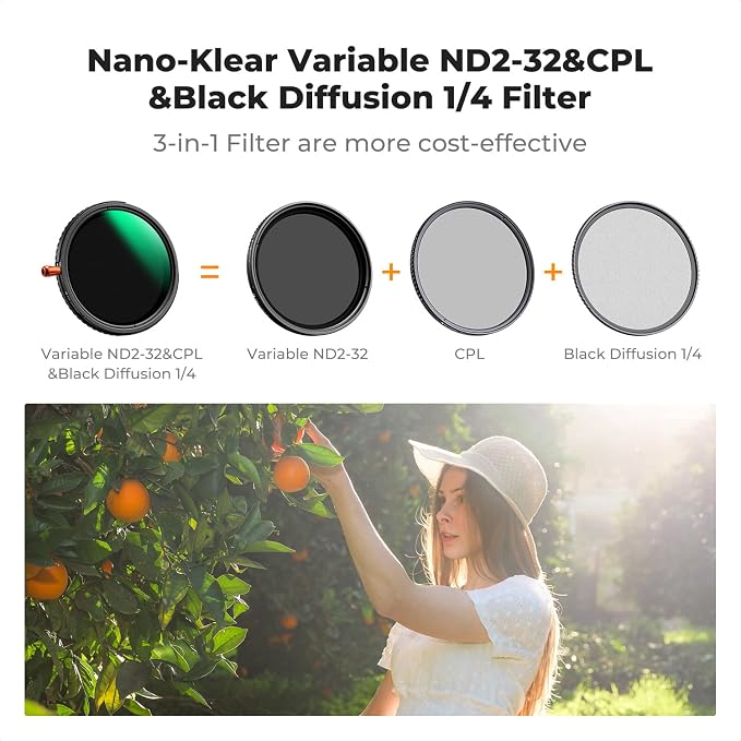 K&F CONCEPT 72mm Black Diffusion Mist Effect 1/4 & Variable ND2-32 & Circular - Image 2