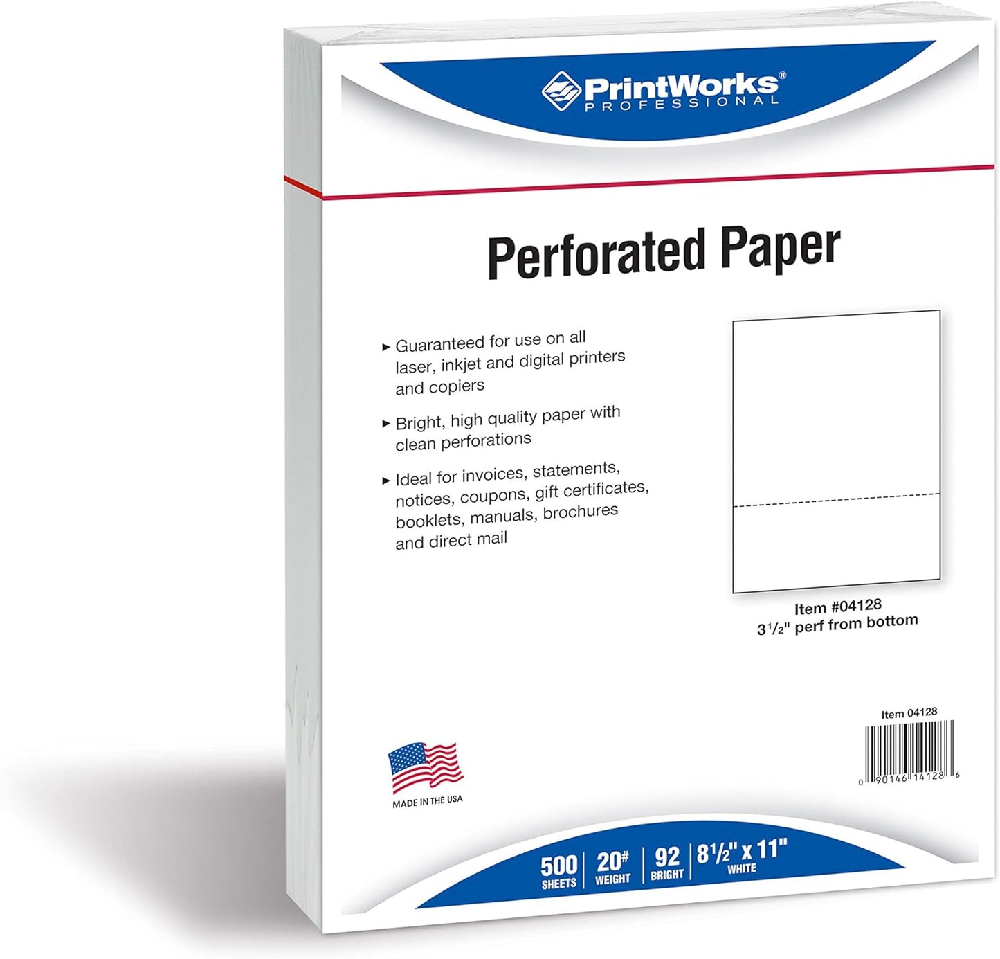 PrintWorks Professional 3 1/2" Horizontal Perforated Paper 8.5” x 11” - Perfect for W-2, 1099, & Statement Use - Made in The USA - 500 Sheets - 20 lb - Printer Compatible - White (04128)