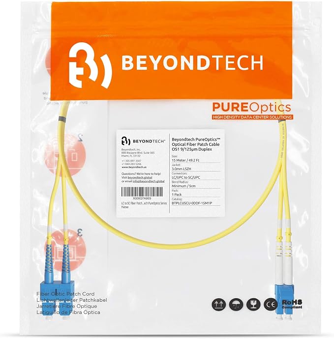 BEYONDTECH 15m LC to SC Fiber Patch Cable – UPC Single-Mode Duplex Fiber Optic - Image 7