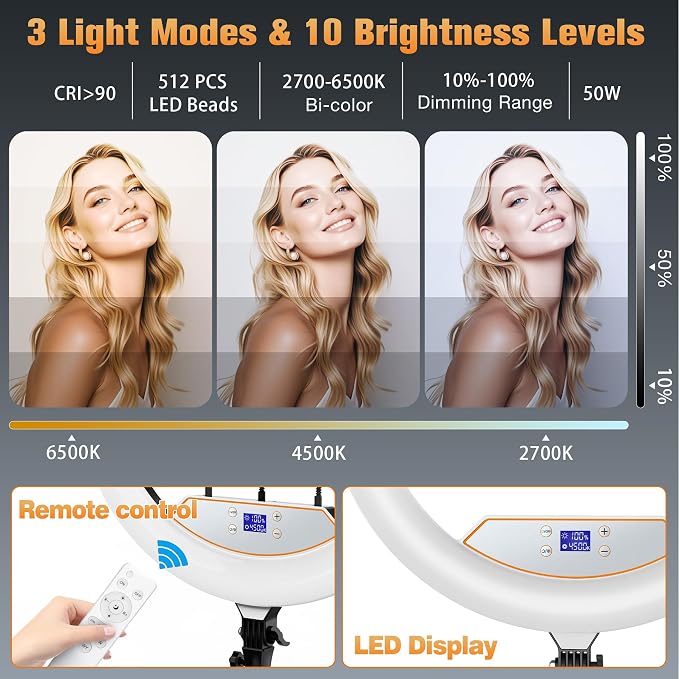 22'' Ring Light with 75'' Tripod Stand, LED Display/2 USB Ports/6500K Dimmable - Image 4