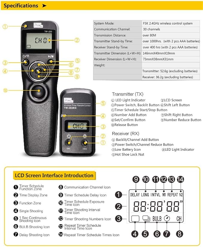 Pixel Timer Shutter Release Remote Control TW283-DC2 Remote Release - Image 6