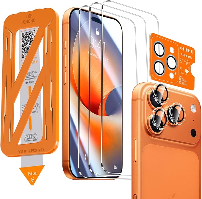 QHOHQ 3 Pack Screen Protector for iPhone 17 Pro Max + 1 Set Camera Lens by QHOHQ