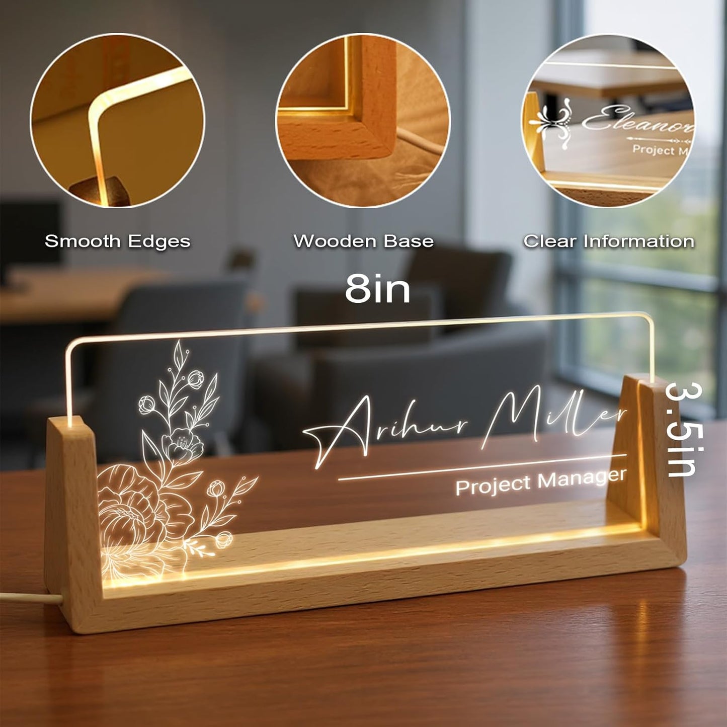 Custom Name Plate for Desk with Light Up Acrylic & Wooden Base - Personalized Office Sign for Teacher, Boss, Coworker - Employee Appreciation Gift for Educators Professionals
