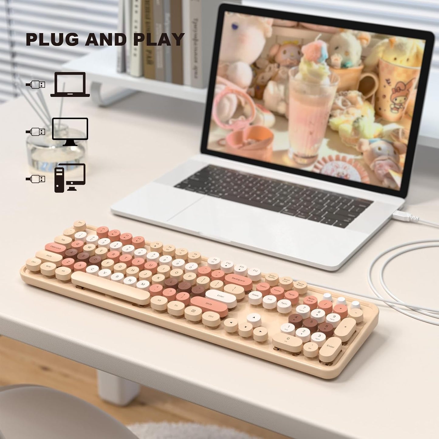 MOFII Wired Keyboard, Full Size USB Keyboard Plug Play, Colorful Retro Round Typewriter Keyboard with Foldable Stands for Windows PC Laptop (Milk Tea Colorful)