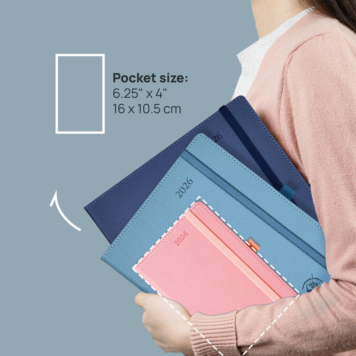 POPRUN Weekly Planner 2026 Calendar (Pocket 4'' x 6.25'') 12 Months Notebook with Horizontal Layout, Leather Hardcover, Inner Pocket, 100GSM Thick Paper, Pen Holder TJ - Army Green