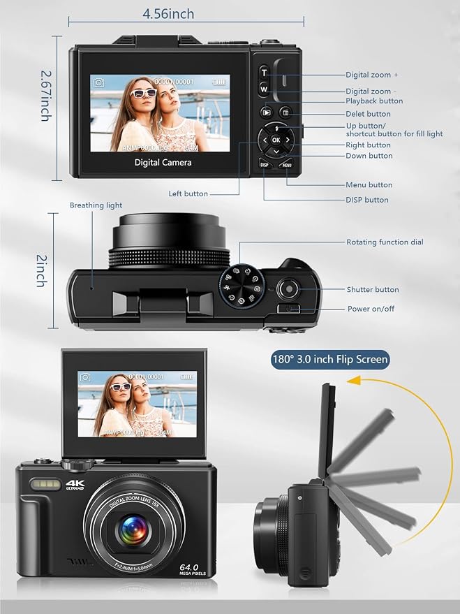 Digital Camera for Photography, 4K Vlogging Camera for YouTube 3" 180° Flip - Image 7