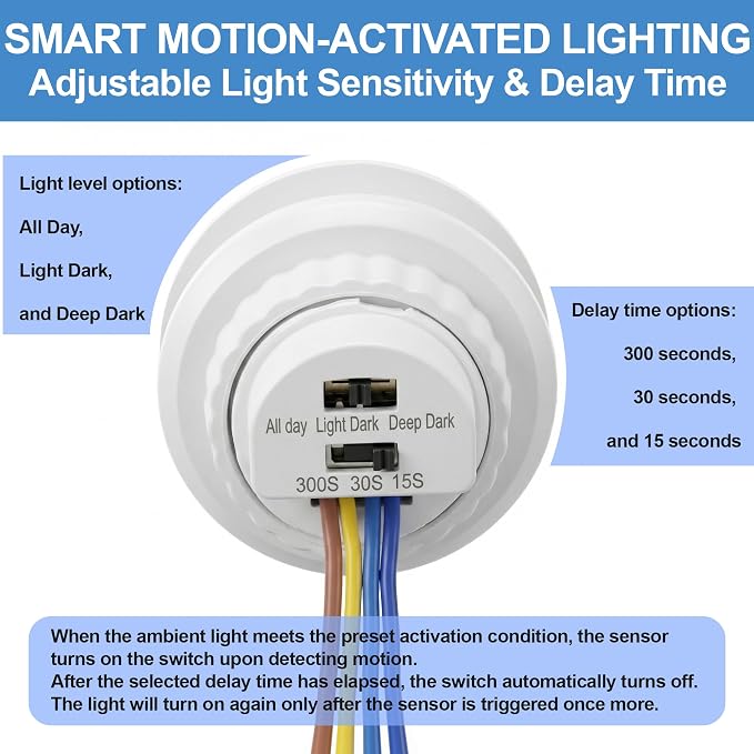 6 Pack PIR Motion Sensor Light Switch, AC 110-240V Adjustable LUX Light - Image 3