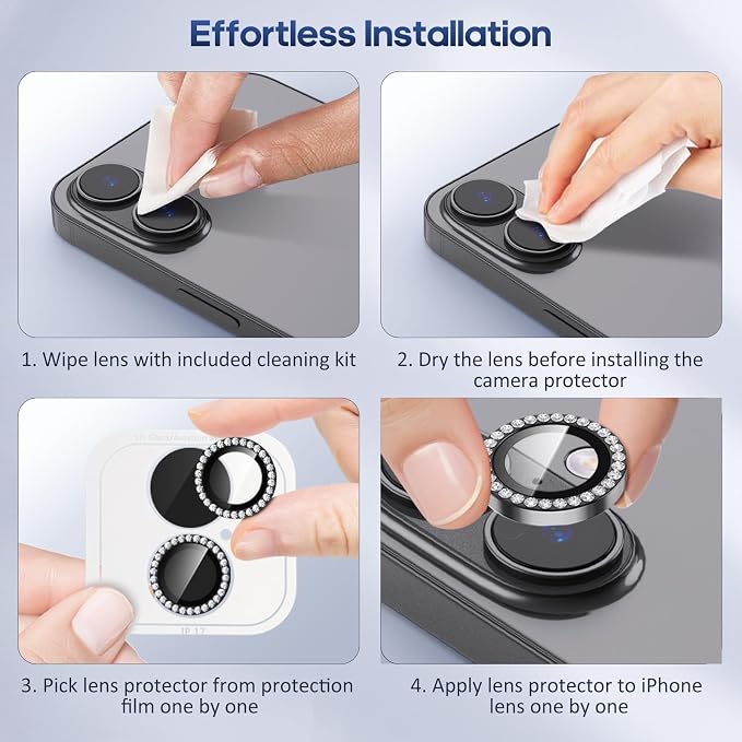 for iPhone 17 Camera Lens Protector Bling, Individual Diamond Metal Ring - Image 7