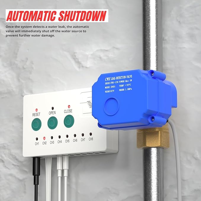 Water Leak Detector with 3/4” Brass Automatic Shut-Off Valve, Leak Alarm System - Image 2