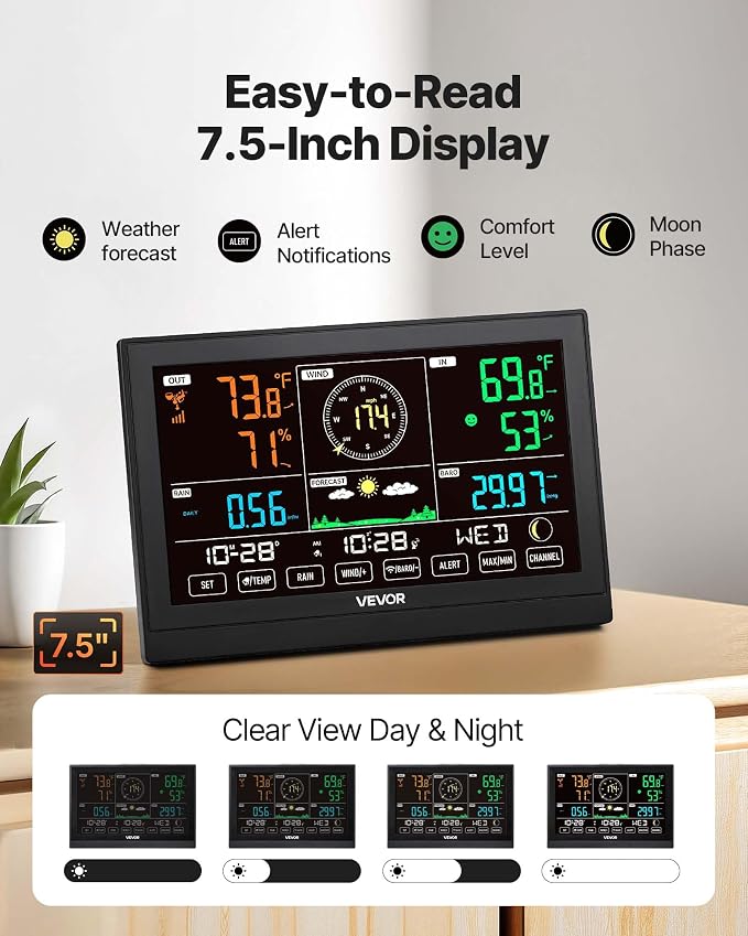 VEVOR 5-in-1 Wireless Weather Station, 7.5-Inch VA Display, Solar Powered - Image 4