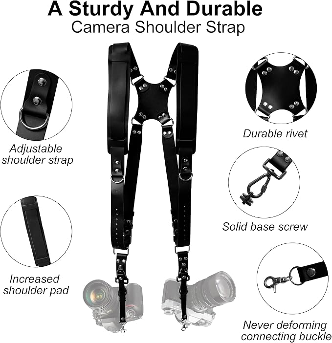 Double Camera Strap, Shoulder Camera Strap Harness Leather Dual Camera Strap - Image 3
