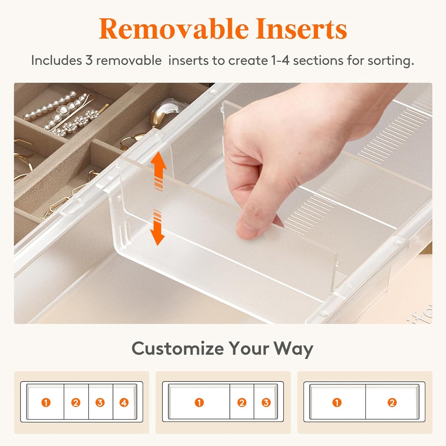 Lifewit 3 Pack Sliding Makeup Drawer Organizer Trays with Inserts, Extendable Hanging Desk Drawer Divider, 14-23" Long/1.8" High Plastic Organizer Tray in Vanity/Bathroom/Office/Kitchen, Translucent