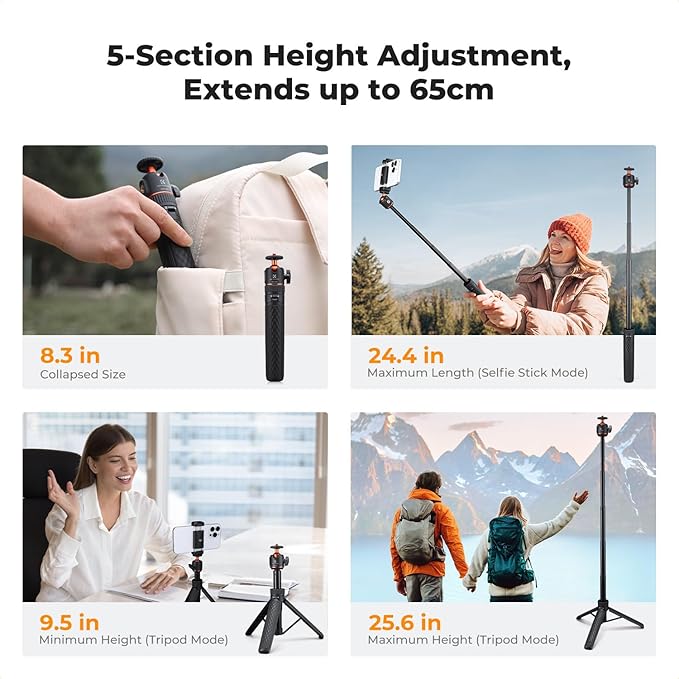 K&F CONCEPT MS62 25.6'' Mini Selfie Stick Tripod Stand, 5 Levels 360° Ball Head - Image 6