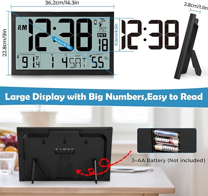 SZELAM Atomic Clock, 16.7" Large Display Digital Wall Clock Battery Operated - Image 7