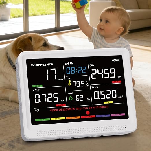 Upgrade 16 in 1 Air Quality Monitor Indoor 15h Battery & 5.5" Display 9 AQI+7 by YNAK