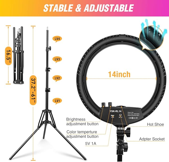 Ring Light with Tripod Stand, Yesker 14 Inch LED Ringlight Kit with Phone - Image 2
