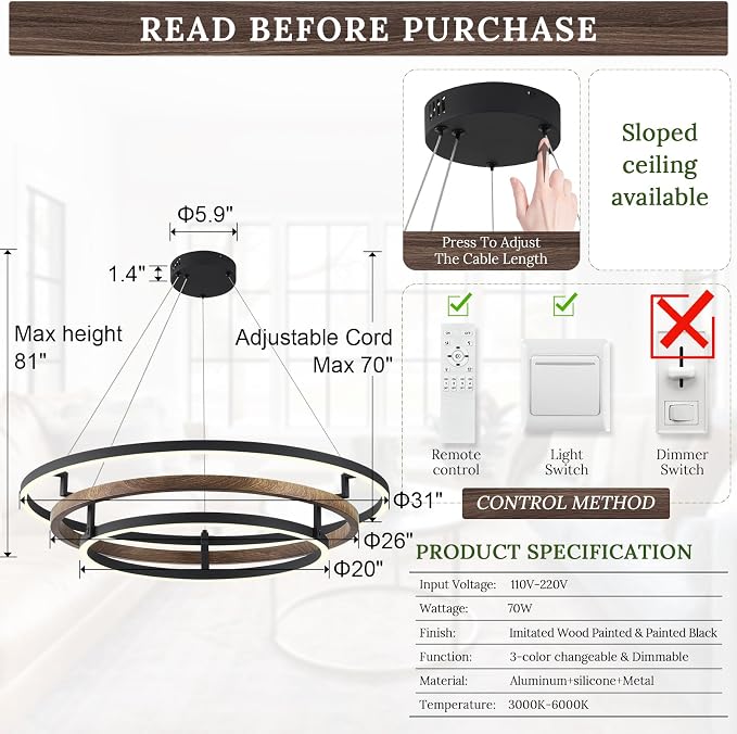 3 Ring LED Chandelier Walnut Wood Black Chandelier Light Fixture 31in Dimmable - Image 5