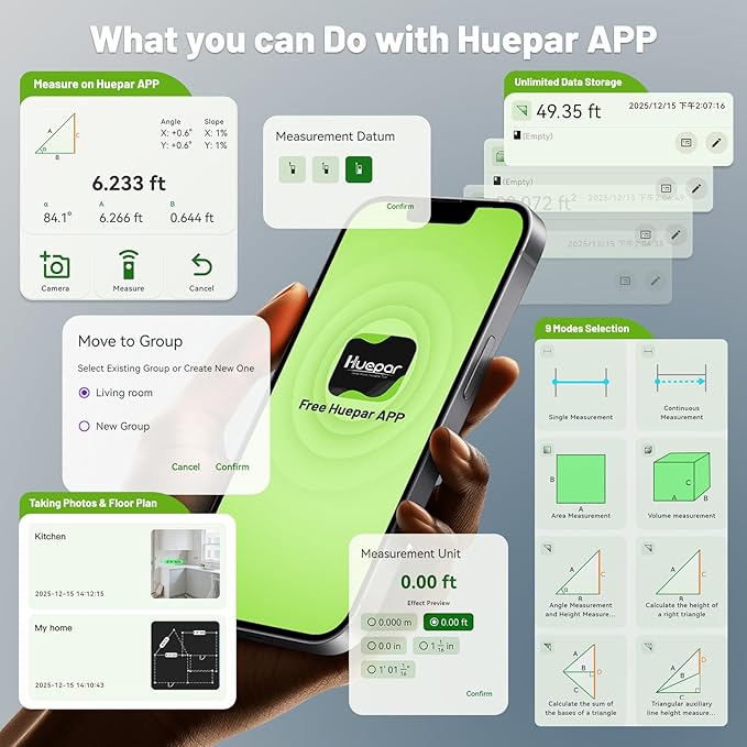 Huepar 395FT Bluetooth Green Laser Measuring Tool - Image 3