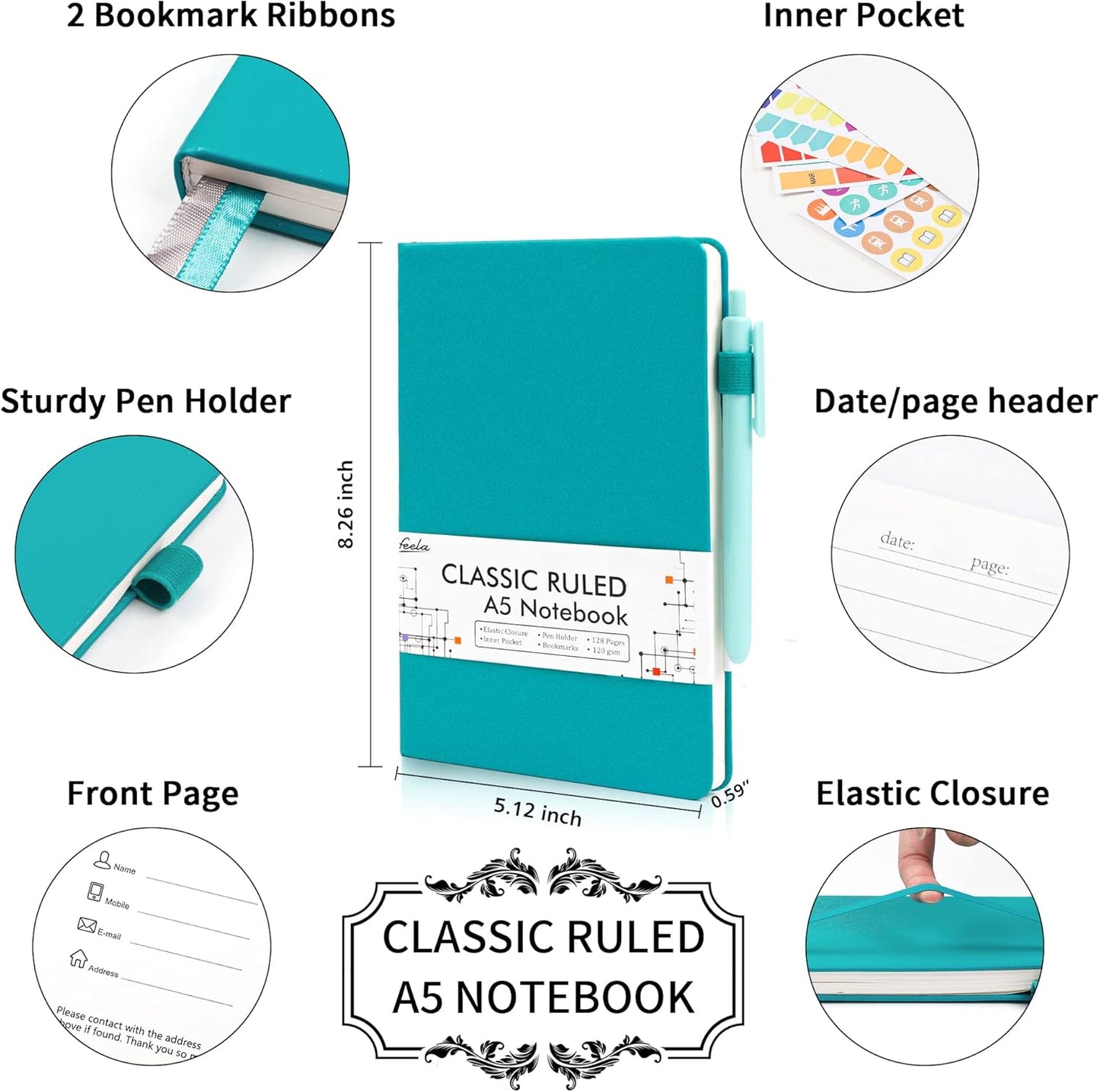 feela 8 Pack Notebooks Journals Bulk, Hardcover Notebook Classic Ruled Lined Journals with Pen Holder for Women Girls School Business Supplies, with 8 Black Pens, 120 GSM, 5.1”x8.3”, A5, Emerald