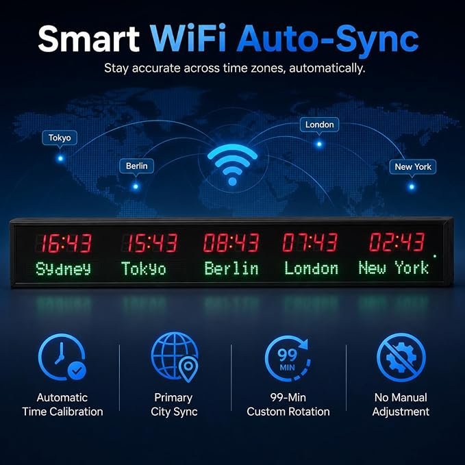 LED World Clock 5 Time Zones, WiFi Auto-Sync Digital Wall Clock, Wide Viewing - Image 5