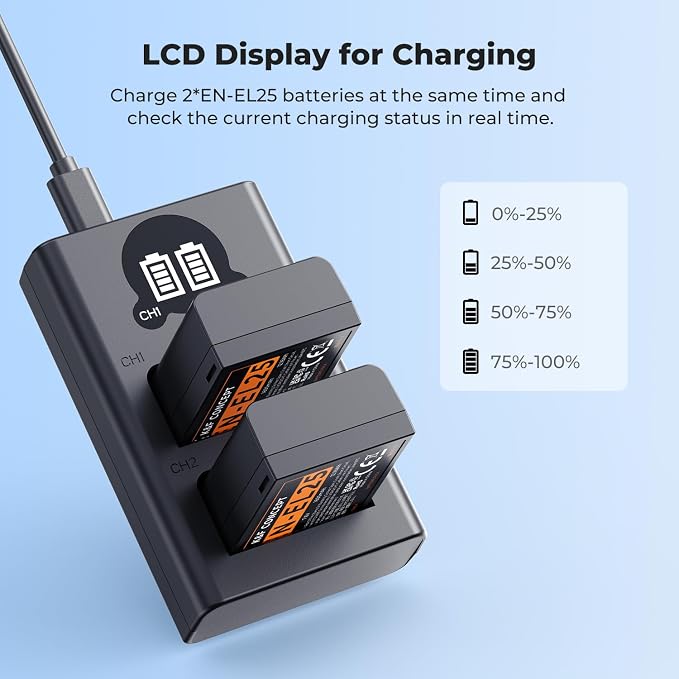 K&F CONCEPT 1600mAh EN-EL25 Battery 2-Pack EN-EL25A Battery and Dual LCD - Image 4