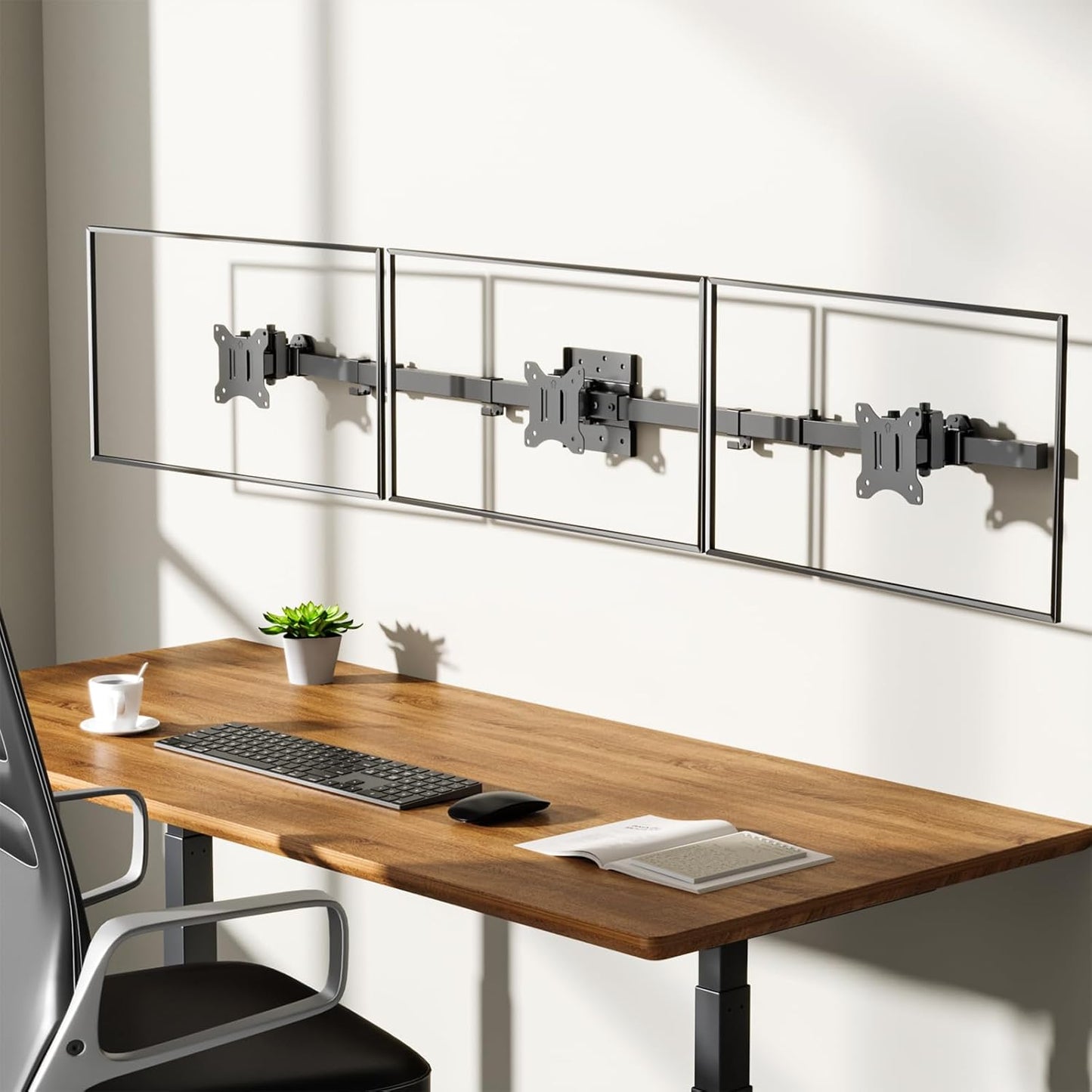 WALI Triple Monitor Wall Mount for 17 to 32 Inch, Computer Monitor Arm for 3 Screens, Swivel Tilt Wall Mount with Mounting Holes 75x75/100x100mm, Per Arm Holds Up to 15.4lbs (013ARM), Black