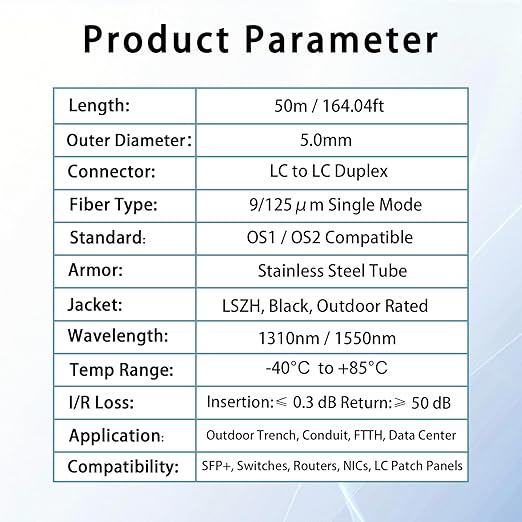 50M/164FT LC to LC Armored Outdoor Fiber Optic Cable, Single Mode Duplex - Image 6