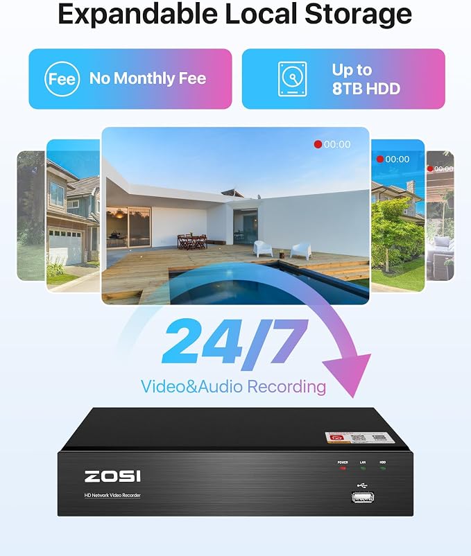 ZOSI 8CH 4K PoE Home Security Camera System, 8 Ports 16CH 8MP NVR - Image 6