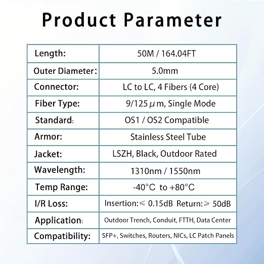 50M/165FT Outdoor Armored LC to LC Fiber Optic Cable, 4 Core OS2 Single Mode - Image 6