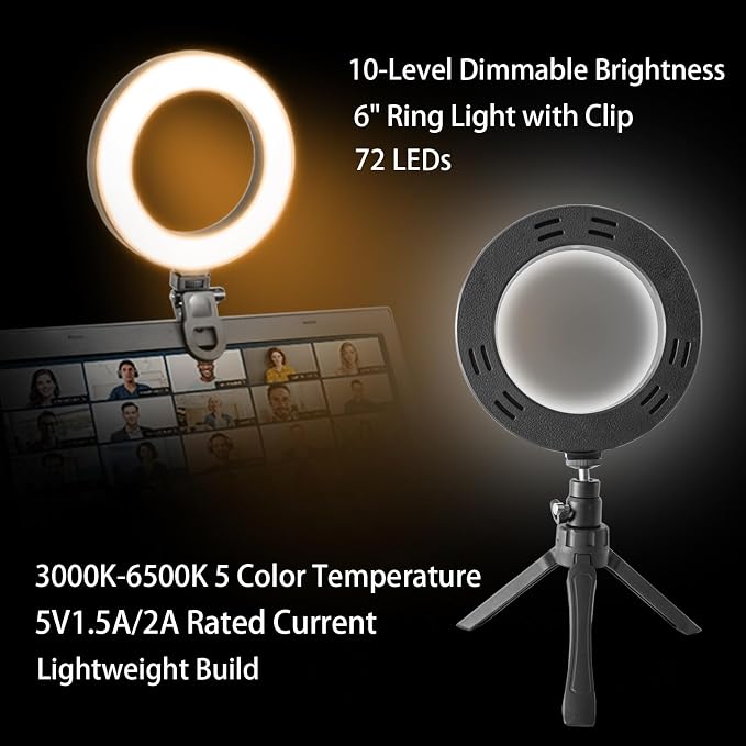 6" Ring Light Video Conference Kit, 5-Color 10-Brightness Clip-On Light - Image 2