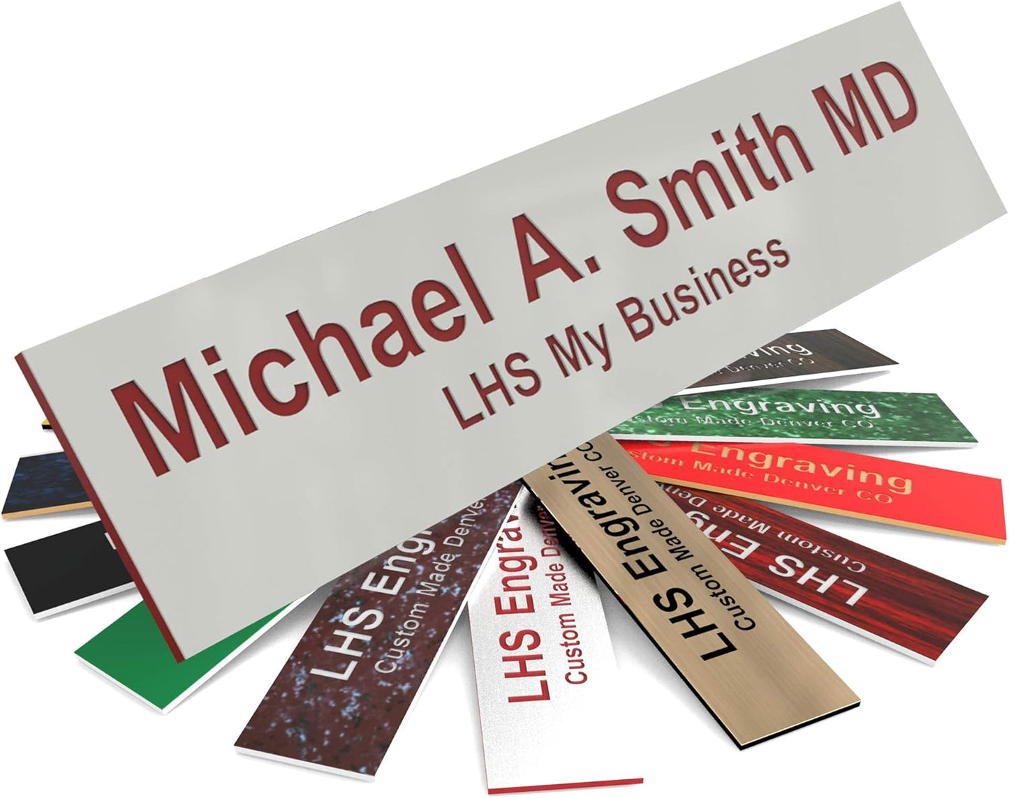 Engraved Name Plates for Door Sign Personalized Gray Plastic Plaque with Maroon Letters - Made in USA 2x12 B21