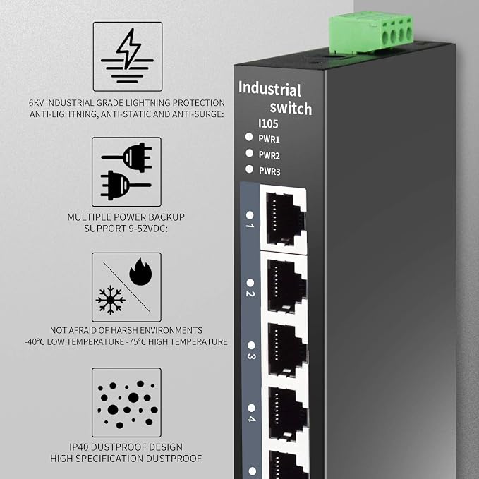 STEAMEMO 5-Port Industrial Ethernet Switch | DIN-Rail Mount | 100Mbps Ports + - Image 3