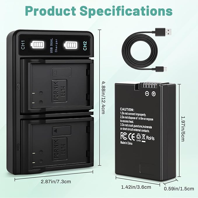 EN-EL14 EN-EL14a Battery and Dual LED Charger Compatible - Image 2