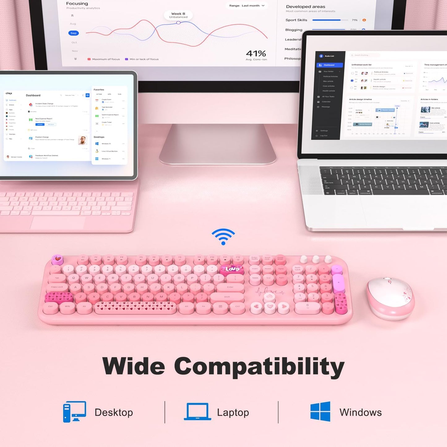 MOFII Wireless Keyboard and Mouse Combo, 2.4GHz Retro Typewriter Keyboard Full Size, Quiet Click Mouse for PC, Laptop, Desktop, Computer, Windows (Pale Pink)