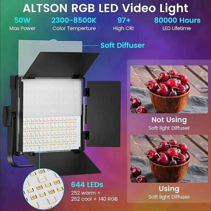 2-Pack RGB Photography Lighting Kit, 50W Bi-Color Professional LED Studio Lights - Image 2