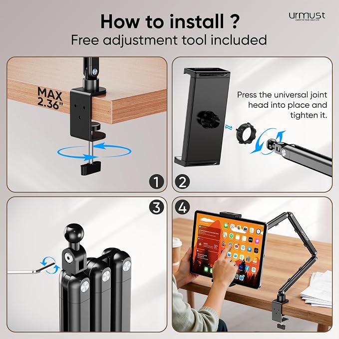 Urmust Tablet Stand for Desk, Adjustable iPad Holder for Bed, 360° Rotation - Image 9