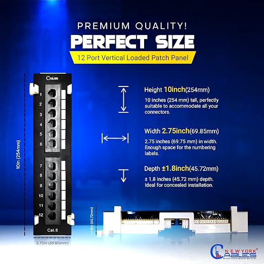 NewYork Cables 12 Port Vertical Cat6 Patch Panel – 10Gb Ethernet, 1U Wall Mount - Image 5