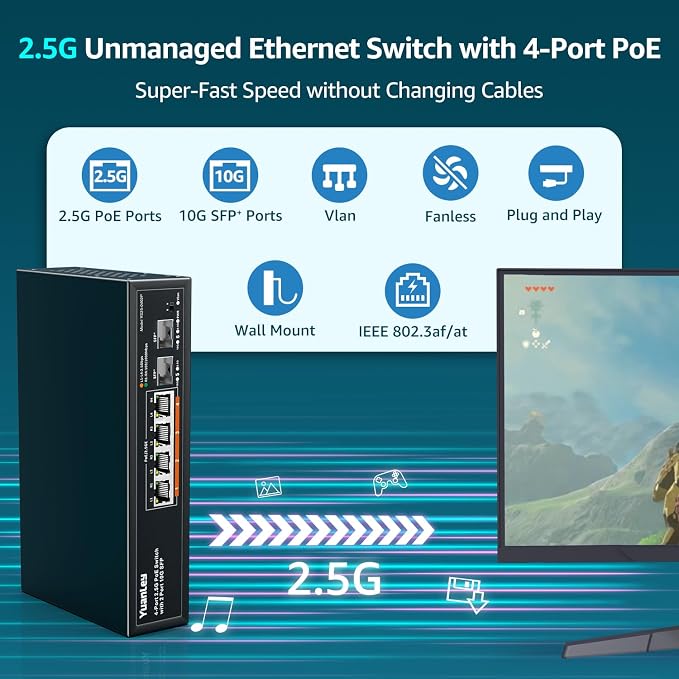 YuanLey 6 Port 2.5G PoE Switch Unmanaged, 4 x 2.5G Base-T PoE Ports, 2 x 10G SFP - Image 2