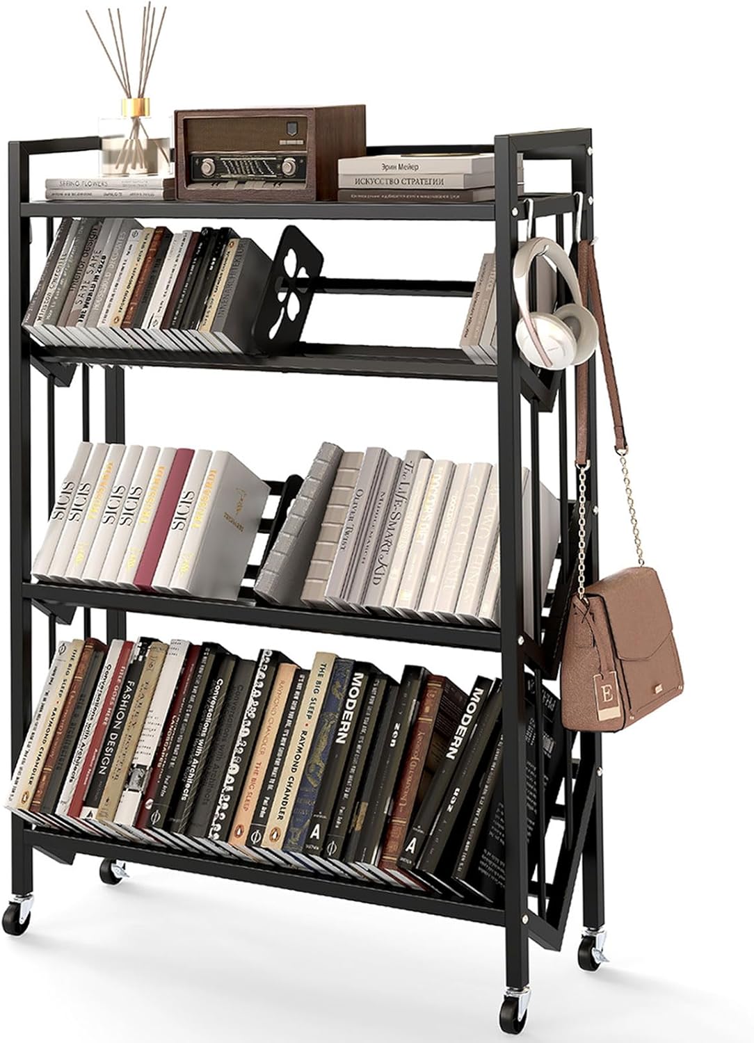 Book Carts with Wheels Library Rolling Book Cart 4 Tier Movable Bookshelf Mobile Large Capacity Organizer Rack for Teacher Classroom Office Room School (46.5'' H)