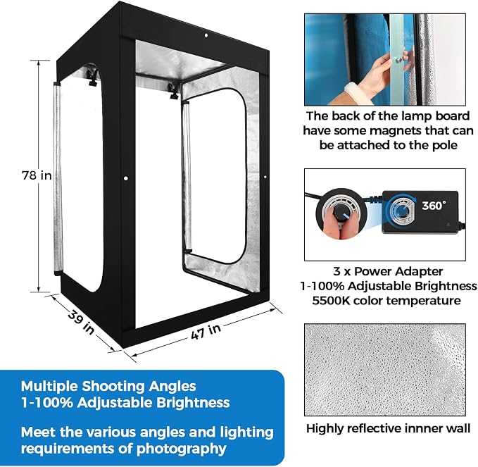 Photo Light Box, Portable 47"x39"x78" Photo Studio Light Box, Shooting Tent Kit - Image 5