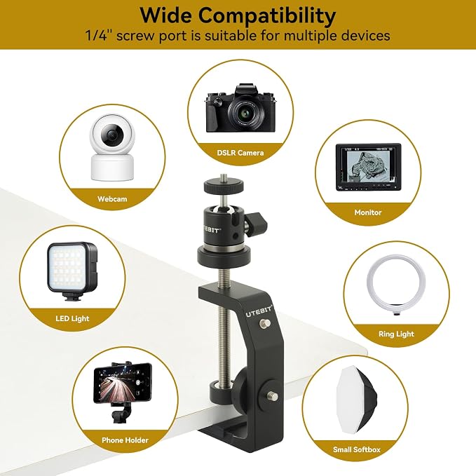 UTEBIT Super Clamp Mount with Mini Ball Head Mount, 1/4 Screw Hot Shoe Mount - Image 5