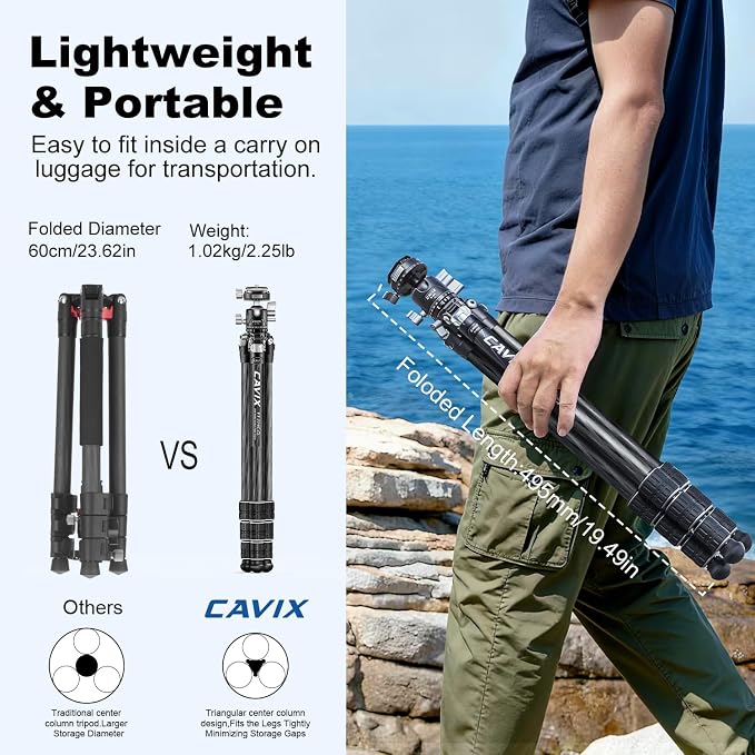 CAVIX 57"/145cm Carbon Fiber Tripod, Lightweight Tripod - Image 2