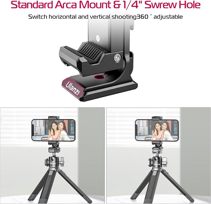 Metal Phone Tripod Mount 3 Cold Shoes & Arca Port, 360° Smartphone Tripod - Image 2