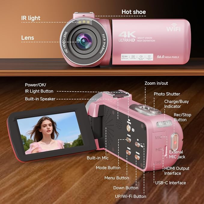 Video Camera, 4K Camcorder 56MP Digital Video Recorder 18X Zoom 3" 270° - Image 8