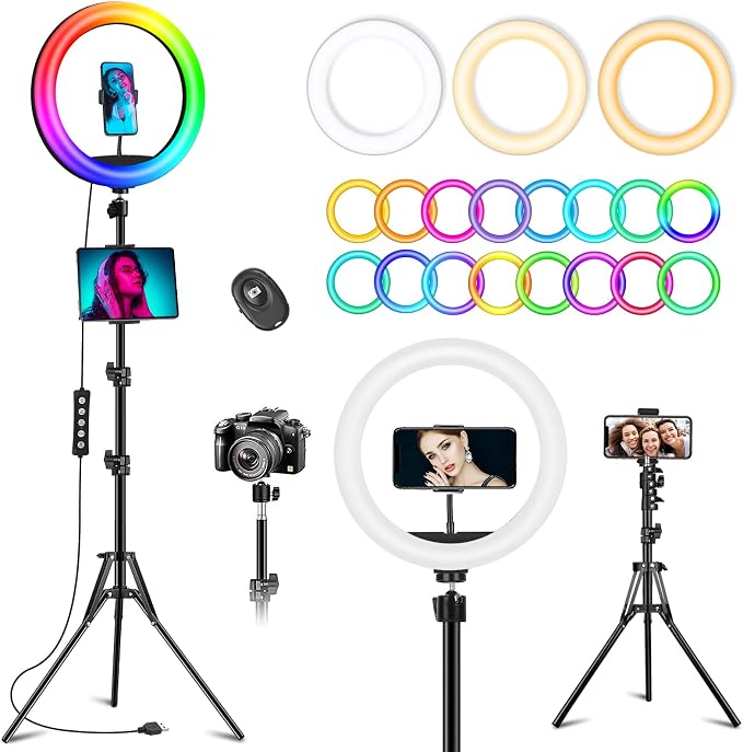 12.3" Ring Light with Stand & Phone Holder Tall 75", 51 Color Modes Circle by wiskey