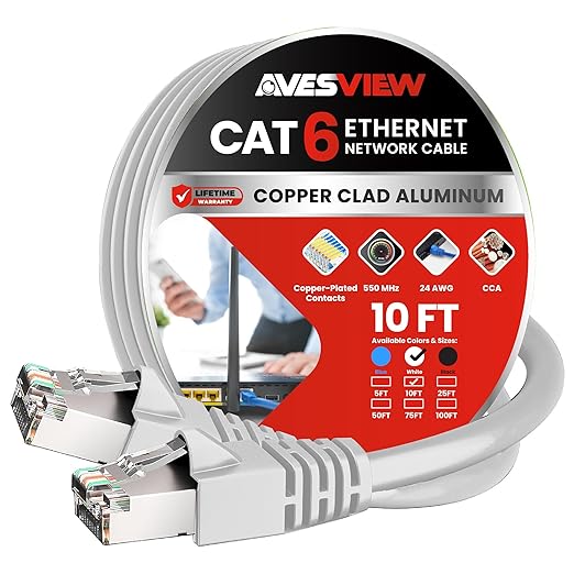 Shielded CAT 6 Ethernet Cable 10FT, Indoor High-Speed 10Gbps Snagless 10 FT by AvesView