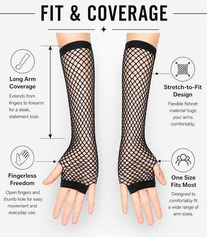 Seeksmile Women's Girls 80's Theme Party Emo Fingerless Arm Fishnet Gloves - Image 4